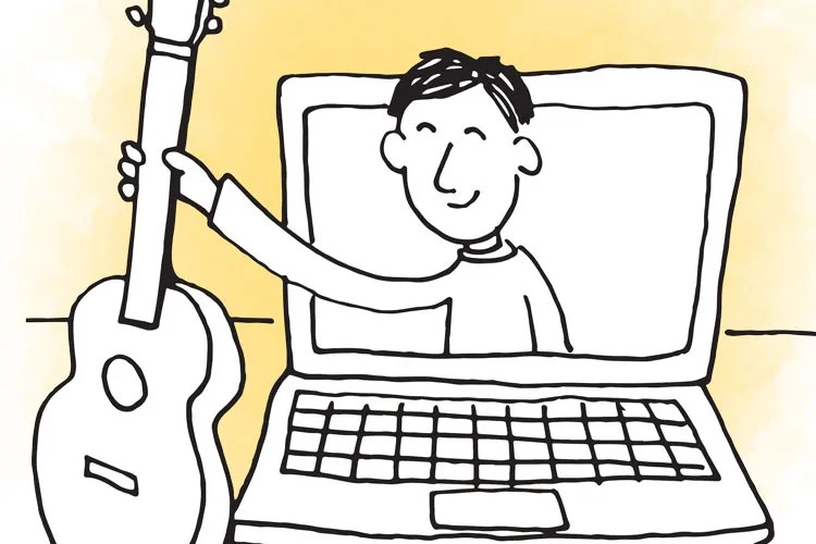 how to find the right guitar teacher illustration of person reaching out of a computer with acoustic guitar