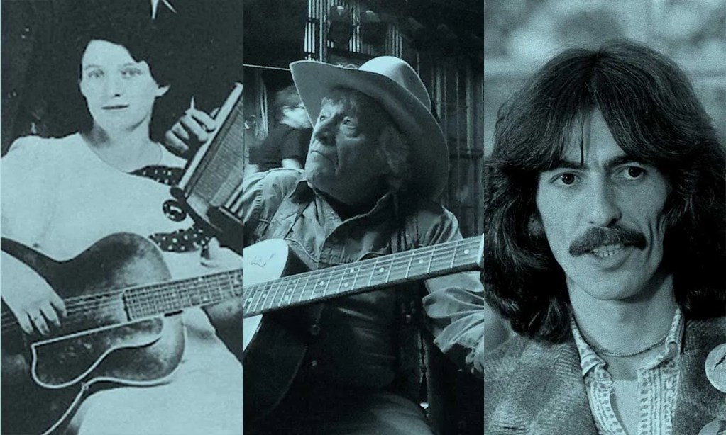 Maybelle Carter (Victor Talking Machine Company), Ramblin' Jack Elliott (Wikipedia/K8 fan), and George Harrison (David Hume Kennerly)